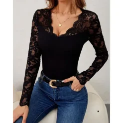 Outlet Valentine's Day Women's Blouse Solid Color Elegant Daily Stylish Long Sleeve V Neck Regular Tops Work Daily Holiday Lace Black Wine Green Spring Fall Winter Women Lace Tops