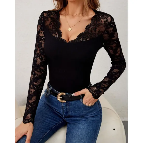 Outlet Valentine's Day Women's Blouse Solid Color Elegant Daily Stylish Long Sleeve V Neck Regular Tops Work Daily Holiday Lace Black Wine Green Spring Fall Winter Women Lace Tops