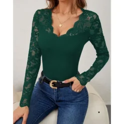 Outlet Valentine's Day Women's Blouse Solid Color Elegant Daily Stylish Long Sleeve V Neck Regular Tops Work Daily Holiday Lace Black Wine Green Spring Fall Winter Women Lace Tops