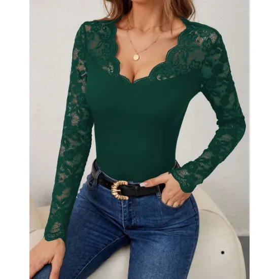 Outlet Valentine's Day Women's Blouse Solid Color Elegant Daily Stylish Long Sleeve V Neck Regular Tops Work Daily Holiday Lace Black Wine Green Spring Fall Winter Women Lace Tops