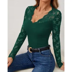 Outlet Valentine's Day Women's Blouse Solid Color Elegant Daily Stylish Long Sleeve V Neck Regular Tops Work Daily Holiday Lace Black Wine Green Spring Fall Winter Women Lace Tops