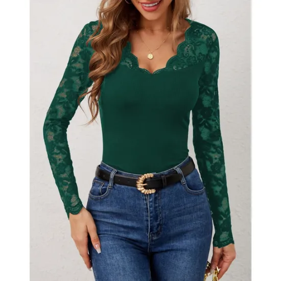 Outlet Valentine's Day Women's Blouse Solid Color Elegant Daily Stylish Long Sleeve V Neck Regular Tops Work Daily Holiday Lace Black Wine Green Spring Fall Winter Women Lace Tops