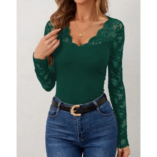 Outlet Valentine's Day Women's Blouse Solid Color Elegant Daily Stylish Long Sleeve V Neck Regular Tops Work Daily Holiday Lace Black Wine Green Spring Fall Winter Women Lace Tops
