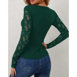 Outlet Valentine's Day Women's Blouse Solid Color Elegant Daily Stylish Long Sleeve V Neck Regular Tops Work Daily Holiday Lace Black Wine Green Spring Fall Winter Women Lace Tops