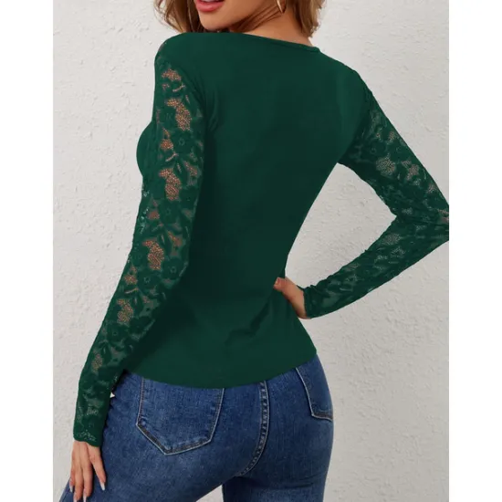 Outlet Valentine's Day Women's Blouse Solid Color Elegant Daily Stylish Long Sleeve V Neck Regular Tops Work Daily Holiday Lace Black Wine Green Spring Fall Winter Women Lace Tops