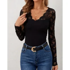 Outlet Valentine's Day Women's Blouse Solid Color Elegant Daily Stylish Long Sleeve V Neck Regular Tops Work Daily Holiday Lace Black Wine Green Spring Fall Winter Women Lace Tops