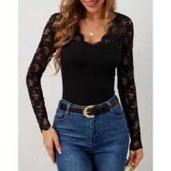 Outlet Valentine's Day Women's Blouse Solid Color Elegant Daily Stylish Long Sleeve V Neck Regular Tops Work Daily Holiday Lace Black Wine Green Spring Fall Winter Women Lace Tops