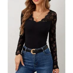 Outlet Valentine's Day Women's Blouse Solid Color Elegant Daily Stylish Long Sleeve V Neck Regular Tops Work Daily Holiday Lace Black Wine Green Spring Fall Winter Women Lace Tops