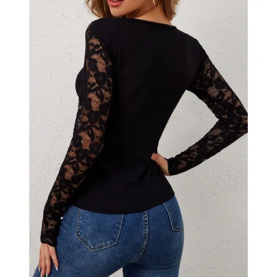 Outlet Valentine's Day Women's Blouse Solid Color Elegant Daily Stylish Long Sleeve V Neck Regular Tops Work Daily Holiday Lace Black Wine Green Spring Fall Winter Women Lace Tops