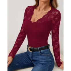 Outlet Valentine's Day Women's Blouse Solid Color Elegant Daily Stylish Long Sleeve V Neck Regular Tops Work Daily Holiday Lace Black Wine Green Spring Fall Winter Women Lace Tops
