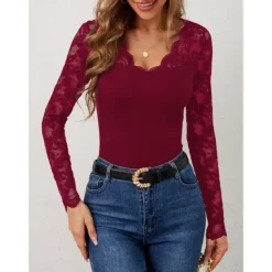 Outlet Valentine's Day Women's Blouse Solid Color Elegant Daily Stylish Long Sleeve V Neck Regular Tops Work Daily Holiday Lace Black Wine Green Spring Fall Winter Women Lace Tops