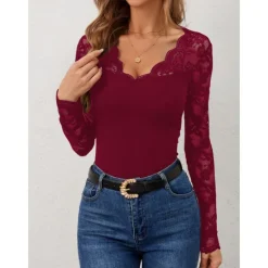 Outlet Valentine's Day Women's Blouse Solid Color Elegant Daily Stylish Long Sleeve V Neck Regular Tops Work Daily Holiday Lace Black Wine Green Spring Fall Winter Women Lace Tops