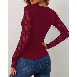 Outlet Valentine's Day Women's Blouse Solid Color Elegant Daily Stylish Long Sleeve V Neck Regular Tops Work Daily Holiday Lace Black Wine Green Spring Fall Winter Women Lace Tops