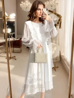 Best Valentine's Day Women's Midi Dress Dress Chiffon Dress Elegant Vintage Lantern Sleeve Vacation Work Casual Form Fit Polka Dot Long Sleeve Crew Neck Spring Fall Women White Dresses