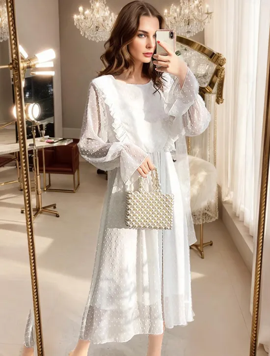 Best Valentine's Day Women's Midi Dress Dress Chiffon Dress Elegant Vintage Lantern Sleeve Vacation Work Casual Form Fit Polka Dot Long Sleeve Crew Neck Spring Fall Women White Dresses