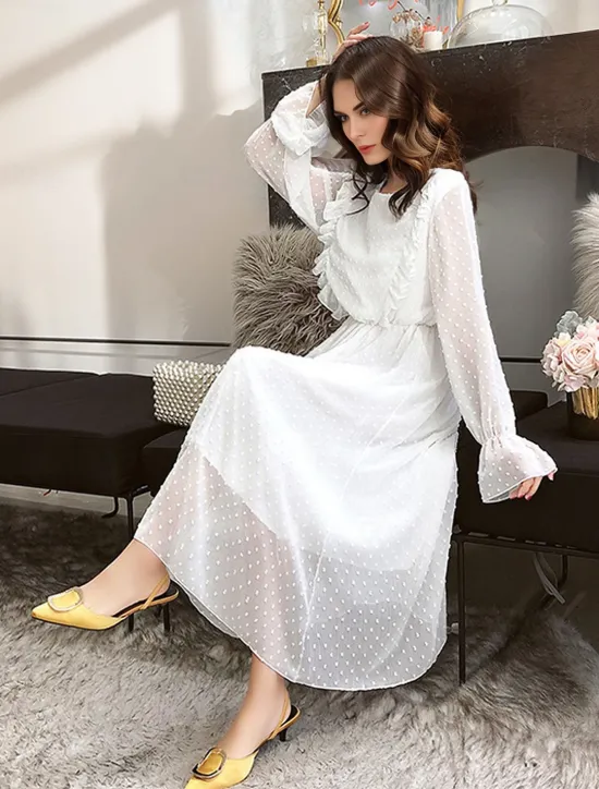 Best Valentine's Day Women's Midi Dress Dress Chiffon Dress Elegant Vintage Lantern Sleeve Vacation Work Casual Form Fit Polka Dot Long Sleeve Crew Neck Spring Fall Women White Dresses