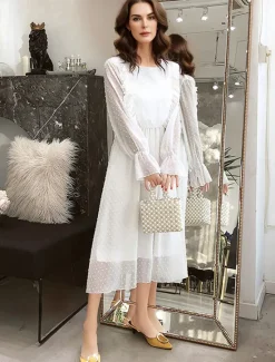 Best Valentine's Day Women's Midi Dress Dress Chiffon Dress Elegant Vintage Lantern Sleeve Vacation Work Casual Form Fit Polka Dot Long Sleeve Crew Neck Spring Fall Women White Dresses