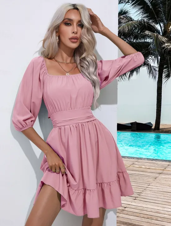 Discount Valentine's Day Women's Normal Mini Dress Boho Chic Dresses A Line Dress Bohemia Stylish Classic Lantern Sleeve Vacation Party Daily Form Fit Plain Sleeveless Square Neck Black White Pink Red Summer Women Casual Dress