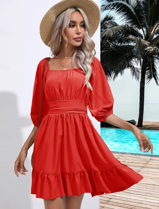 Discount Valentine's Day Women's Normal Mini Dress Boho Chic Dresses A Line Dress Bohemia Stylish Classic Lantern Sleeve Vacation Party Daily Form Fit Plain Sleeveless Square Neck Black White Pink Red Summer Women Casual Dress
