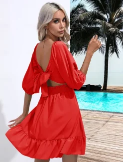 Discount Valentine's Day Women's Normal Mini Dress Boho Chic Dresses A Line Dress Bohemia Stylish Classic Lantern Sleeve Vacation Party Daily Form Fit Plain Sleeveless Square Neck Black White Pink Red Summer Women Casual Dress