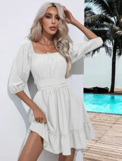 Discount Valentine's Day Women's Normal Mini Dress Boho Chic Dresses A Line Dress Bohemia Stylish Classic Lantern Sleeve Vacation Party Daily Form Fit Plain Sleeveless Square Neck Black White Pink Red Summer Women Casual Dress