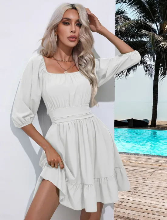 Discount Valentine's Day Women's Normal Mini Dress Boho Chic Dresses A Line Dress Bohemia Stylish Classic Lantern Sleeve Vacation Party Daily Form Fit Plain Sleeveless Square Neck Black White Pink Red Summer Women Casual Dress