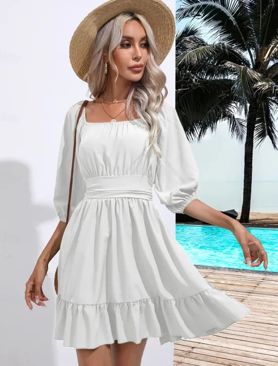 Discount Valentine's Day Women's Normal Mini Dress Boho Chic Dresses A Line Dress Bohemia Stylish Classic Lantern Sleeve Vacation Party Daily Form Fit Plain Sleeveless Square Neck Black White Pink Red Summer Women Casual Dress