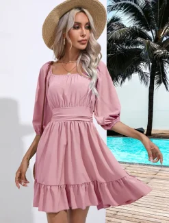 Discount Valentine's Day Women's Normal Mini Dress Boho Chic Dresses A Line Dress Bohemia Stylish Classic Lantern Sleeve Vacation Party Daily Form Fit Plain Sleeveless Square Neck Black White Pink Red Summer Women Casual Dress