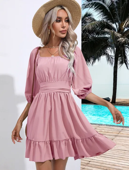 Discount Valentine's Day Women's Normal Mini Dress Boho Chic Dresses A Line Dress Bohemia Stylish Classic Lantern Sleeve Vacation Party Daily Form Fit Plain Sleeveless Square Neck Black White Pink Red Summer Women Casual Dress