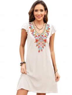 Best Valentine's Day Women's Normal Mini Dress Petite Dress Boho Chic Dresses A Line Dress Boho Dress Bohemia Stylish Classic Cap Sleeve Cold Shoulder Vacation Party Daily Form Fit Geometric Plain Women Floral Dresses