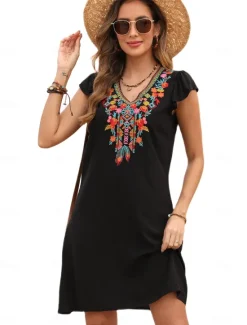 Best Valentine's Day Women's Normal Mini Dress Petite Dress Boho Chic Dresses A Line Dress Boho Dress Bohemia Stylish Classic Cap Sleeve Cold Shoulder Vacation Party Daily Form Fit Geometric Plain Women Floral Dresses