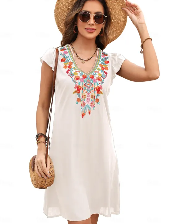 Best Valentine's Day Women's Normal Mini Dress Petite Dress Boho Chic Dresses A Line Dress Boho Dress Bohemia Stylish Classic Cap Sleeve Cold Shoulder Vacation Party Daily Form Fit Geometric Plain Women Floral Dresses