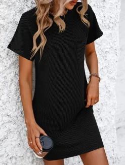 Online Valentine's Day Women's Normal Mini Dress Casual Dress Boho Chic Dresses Shift Dress Bohemia Cute Stylish Cap Sleeve Batwing Sleeve Vacation Home Party Form Fit Stripe Short Sleeve Crew Neck Black Women T Shirt Dresses