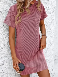Online Valentine's Day Women's Normal Mini Dress Casual Dress Boho Chic Dresses Shift Dress Bohemia Cute Stylish Cap Sleeve Batwing Sleeve Vacation Home Party Form Fit Stripe Short Sleeve Crew Neck Black Women T Shirt Dresses
