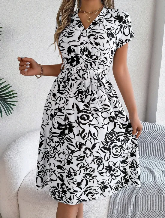 New Valentine's Day Women's Normal Midi Dress Swing Dress Boho Dress Bohemia Stylish Classic Cap Sleeve Vacation Party Date Loose Fit Graphic Short Sleeve V Neck White Blue Dark Blue Summer Women Floral Dresses