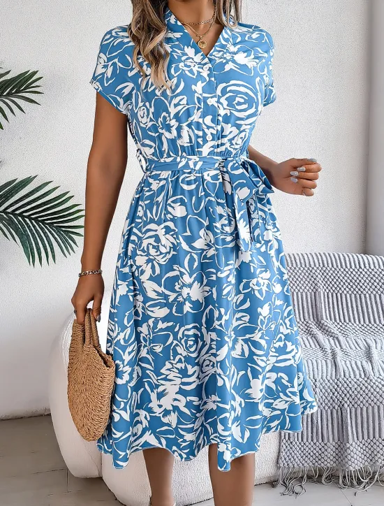 New Valentine's Day Women's Normal Midi Dress Swing Dress Boho Dress Bohemia Stylish Classic Cap Sleeve Vacation Party Date Loose Fit Graphic Short Sleeve V Neck White Blue Dark Blue Summer Women Floral Dresses