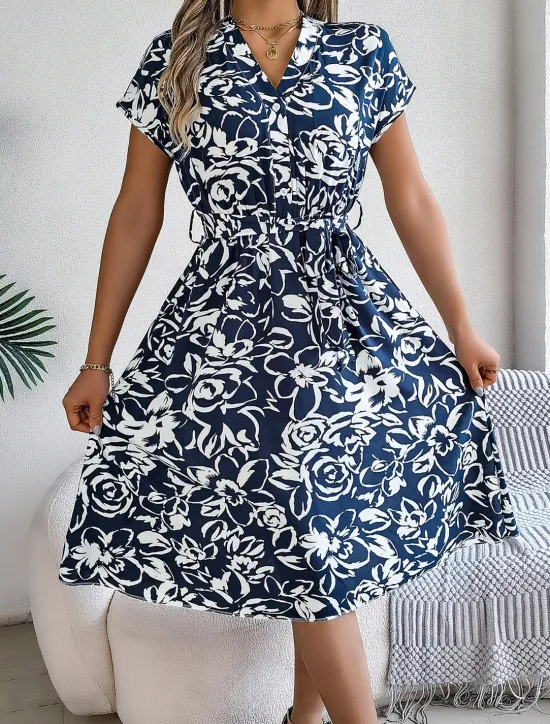 New Valentine's Day Women's Normal Midi Dress Swing Dress Boho Dress Bohemia Stylish Classic Cap Sleeve Vacation Party Date Loose Fit Graphic Short Sleeve V Neck White Blue Dark Blue Summer Women Floral Dresses