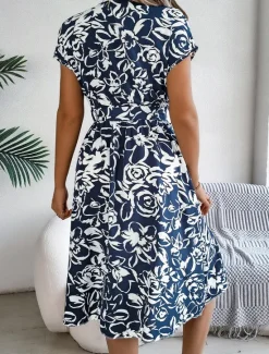 New Valentine's Day Women's Normal Midi Dress Swing Dress Boho Dress Bohemia Stylish Classic Cap Sleeve Vacation Party Date Loose Fit Graphic Short Sleeve V Neck White Blue Dark Blue Summer Women Floral Dresses