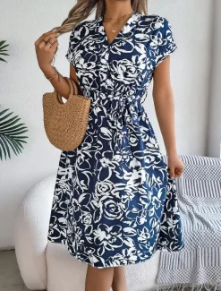 New Valentine's Day Women's Normal Midi Dress Swing Dress Boho Dress Bohemia Stylish Classic Cap Sleeve Vacation Party Date Loose Fit Graphic Short Sleeve V Neck White Blue Dark Blue Summer Women Floral Dresses