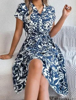 New Valentine's Day Women's Normal Midi Dress Swing Dress Boho Dress Bohemia Stylish Classic Cap Sleeve Vacation Party Date Loose Fit Graphic Short Sleeve V Neck White Blue Dark Blue Summer Women Floral Dresses