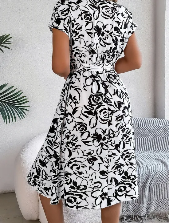 New Valentine's Day Women's Normal Midi Dress Swing Dress Boho Dress Bohemia Stylish Classic Cap Sleeve Vacation Party Date Loose Fit Graphic Short Sleeve V Neck White Blue Dark Blue Summer Women Floral Dresses