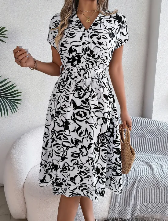 New Valentine's Day Women's Normal Midi Dress Swing Dress Boho Dress Bohemia Stylish Classic Cap Sleeve Vacation Party Date Loose Fit Graphic Short Sleeve V Neck White Blue Dark Blue Summer Women Floral Dresses