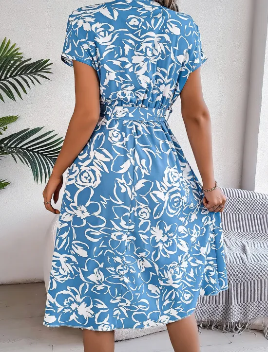 New Valentine's Day Women's Normal Midi Dress Swing Dress Boho Dress Bohemia Stylish Classic Cap Sleeve Vacation Party Date Loose Fit Graphic Short Sleeve V Neck White Blue Dark Blue Summer Women Floral Dresses