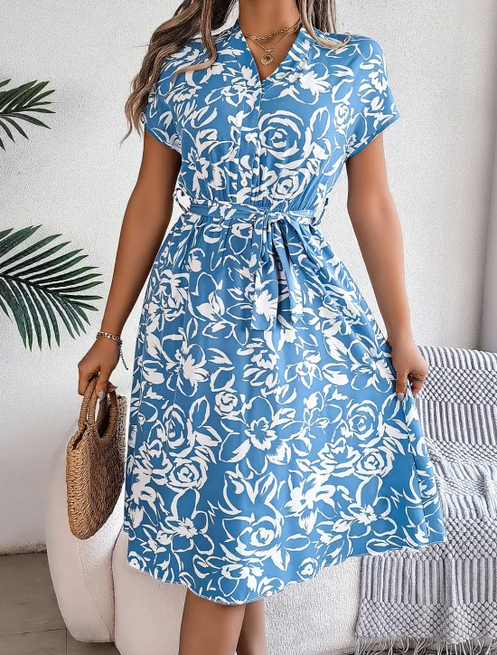 New Valentine's Day Women's Normal Midi Dress Swing Dress Boho Dress Bohemia Stylish Classic Cap Sleeve Vacation Party Date Loose Fit Graphic Short Sleeve V Neck White Blue Dark Blue Summer Women Floral Dresses