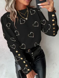 Valentine's Day Women's Shirt Blouse Heart Stylish Casual Long Sleeve Crew Neck Regular Tops Daily Buttons Print Black White Summer Spring Women Blouses & Shirts
