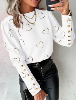Valentine's Day Women's Shirt Blouse Heart Stylish Casual Long Sleeve Crew Neck Regular Tops Daily Buttons Print Black White Summer Spring Women Blouses & Shirts