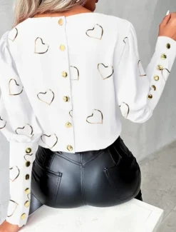 Valentine's Day Women's Shirt Blouse Heart Stylish Casual Long Sleeve Crew Neck Regular Tops Daily Buttons Print Black White Summer Spring Women Blouses & Shirts