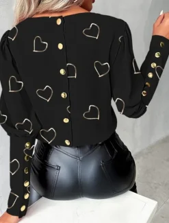 Valentine's Day Women's Shirt Blouse Heart Stylish Casual Long Sleeve Crew Neck Regular Tops Daily Buttons Print Black White Summer Spring Women Blouses & Shirts