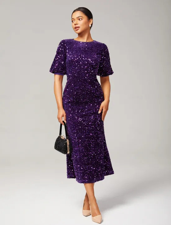 Online Velour Sequin Puff Sleeve Sparkly Elegant Maxi Dress Women Cocktail Dress