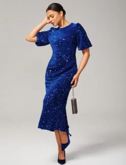 Online Velour Sequin Puff Sleeve Sparkly Elegant Maxi Dress Women Cocktail Dress